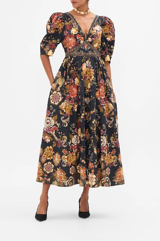 PUFF SLEEVE LONG DRESS WITH HARDWARE STITCHED IN TIME