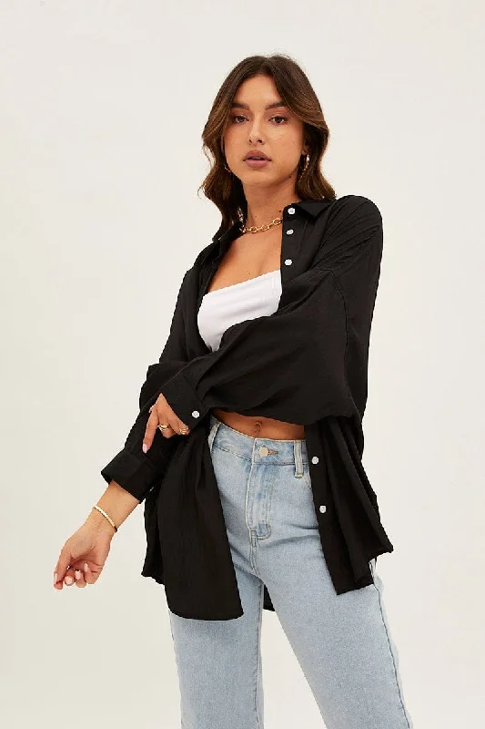 Black Essential Oversized Long Sleeve Collared Shirt