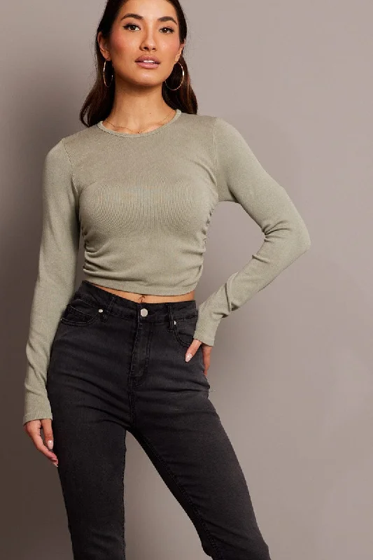 Green Seamless Top Long Sleeve Side Ruched