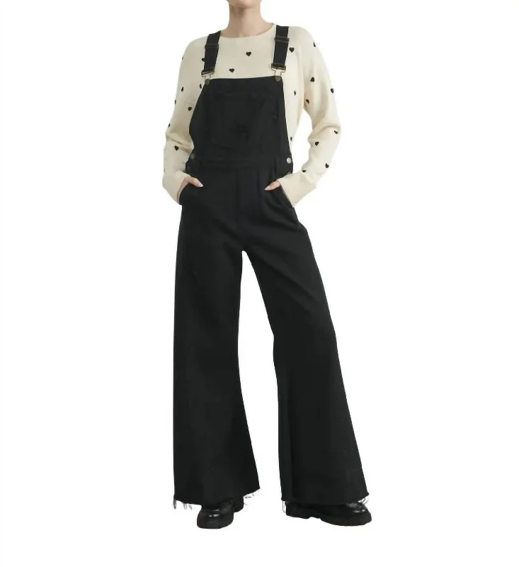 Wide Leg Denim Overalls In Black