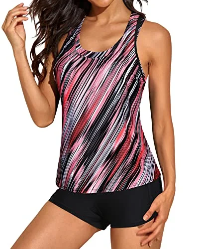 3 Piece Athletic Tankini Swimsuits Shorts For Women-Black And Pink Stripes