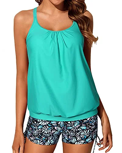 Women's Push Up Padded Blouson Tankini Swimsuits Two Piece Strappy Bathing Suit-Light Blue-Green Floral