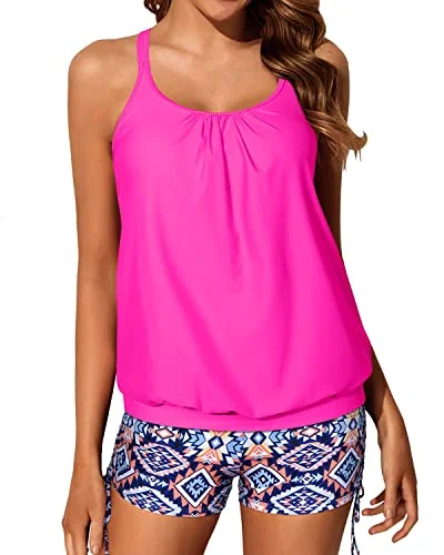 Full Coverage Push Up Padded Bra Womens Blouson Tankini Swimsuits-Pink Tribal