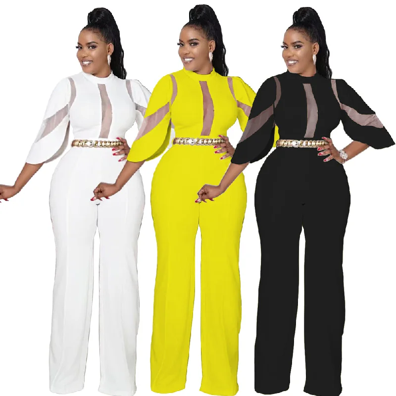 Jumpsuit Women Fashion Solid Jumpsuits for Womens Diagonal Collar Ruffle Half Sleeves Slim Wide Leg Pants Mid Waist