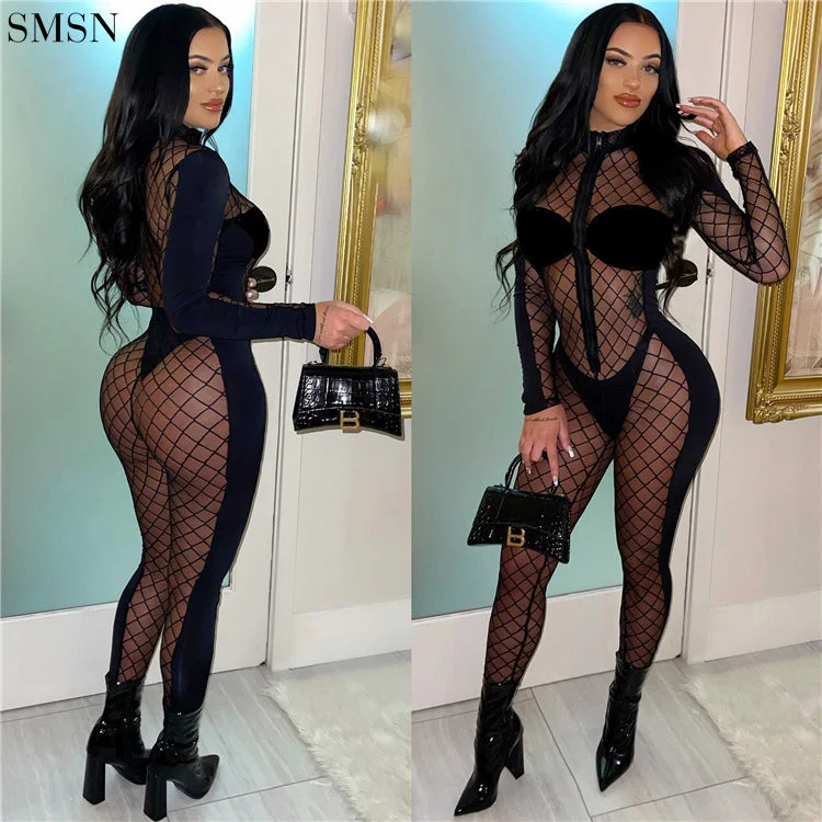 Latest Design Lattice Complaint Mesh Korean Fleece Stitching Jumpsuit Women One Piece Jumpsuits