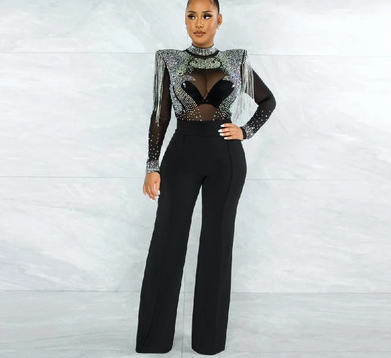 Rhinestone Mesh Shoulder Tassel  Jumpsuits