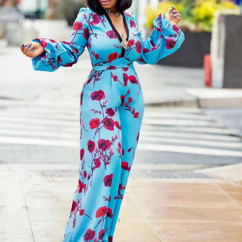 Sexy V-neck Puff Sleeve Printed Casual Wide Leg Lady Jumpsuits Rompers