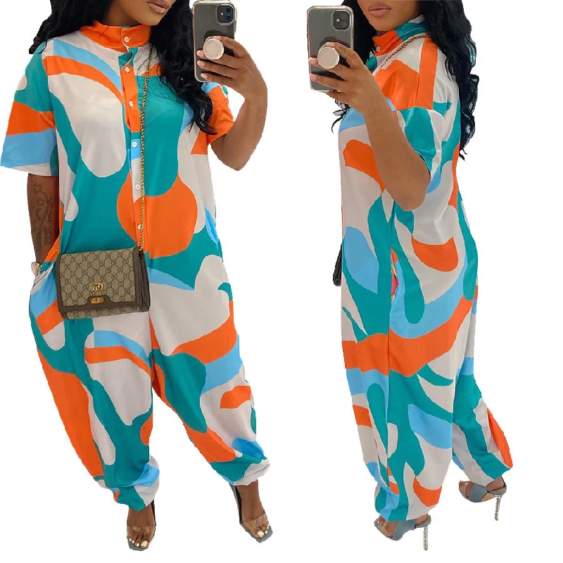 Z106526 Fashion Street Print short sleeve Buckle playsuit Women long Loose Jumpsuits