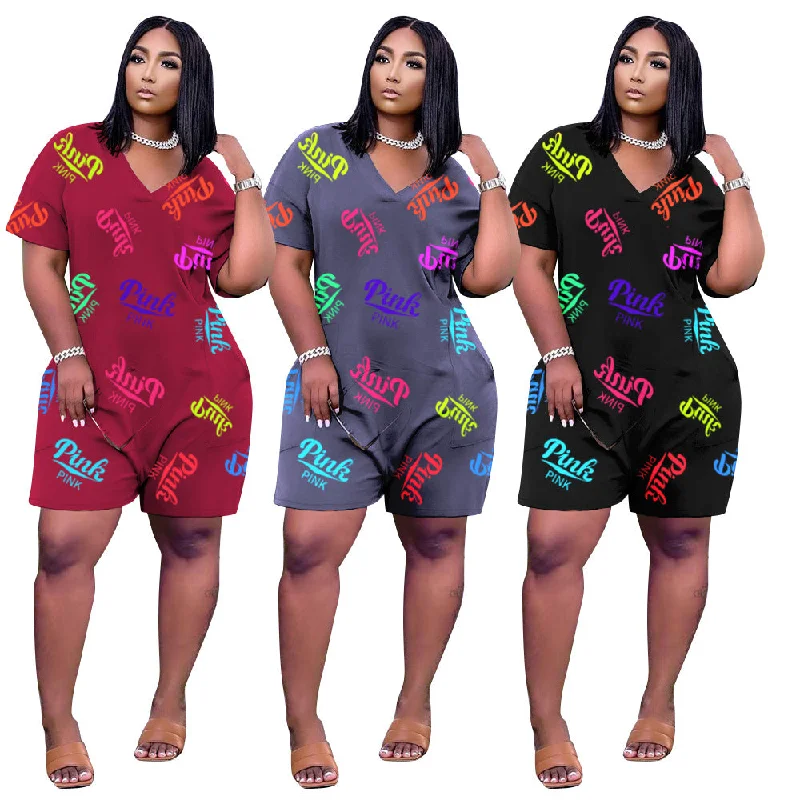 Z107068 Sexy short sleeve Letter Print Pocket Jumpsuits Women V Neck Casual Plus Size Rompers